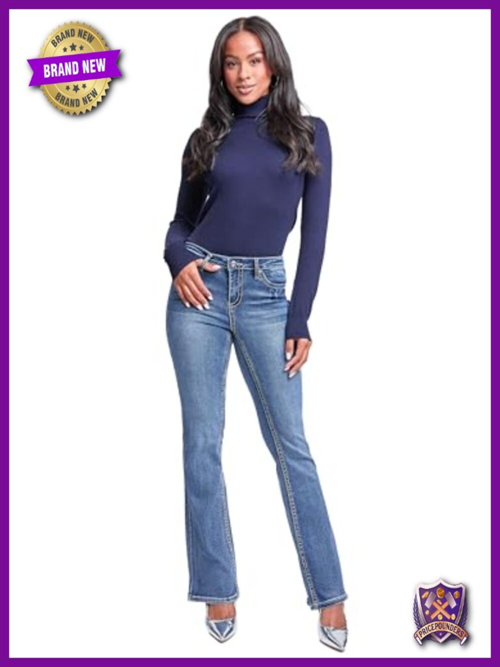 Mid Rise Heavy Stitch Bootcut Cross Studded Jeans - Picture 3 of 6